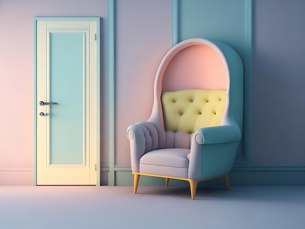 fauteuil de style minimalisme et porte couleur pastel