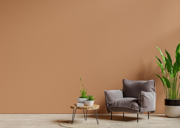 Fauteuil et table en bois dans l'intérieur du salon avec un mur brun foncé