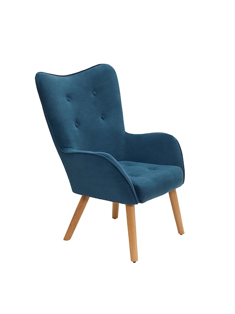 fauteuil en tissu bleu avec coude et jambes en bois isolées sur fond blanc vue latérale