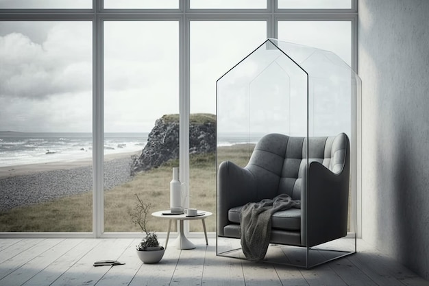 Un fauteuil transparent dans une pièce minimaliste avec vue sur l'extérieur créé avec une IA générative