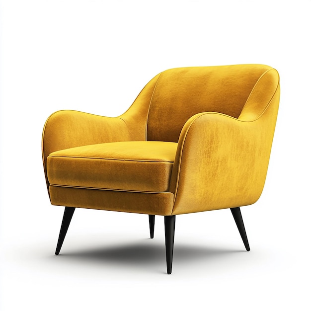 Un fauteuil en velours jaune doré isolé sur un fond blanc