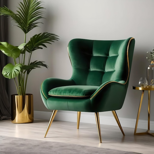 Fauteuil en velours vert sur fond blanc Intérieur de la maison Intérieur vert généré par ai