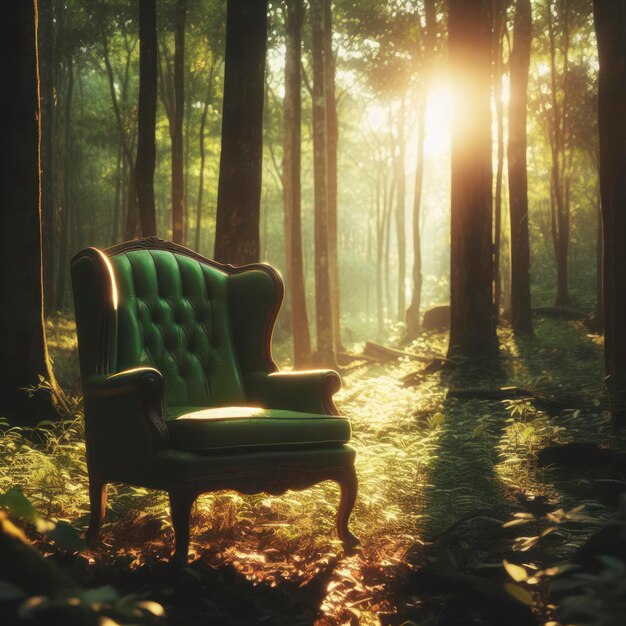 Photo un fauteuil vert au milieu de la forêt nature bokeh ai générative