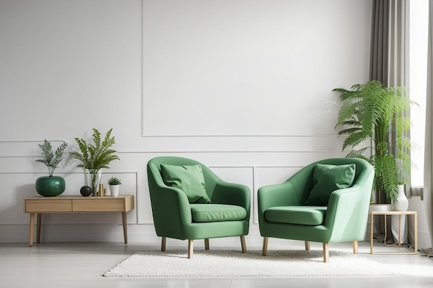 Fauteuil vert dans l'intérieur du salon blanc avec espace de copie pour la maquette