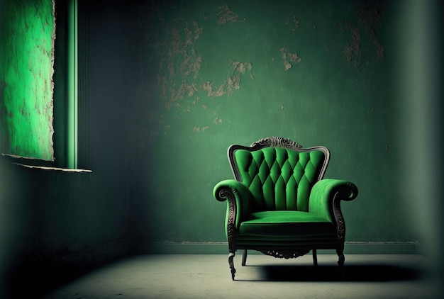 Fauteuil vert dans le salon avec fond vert foncé de mur vacant