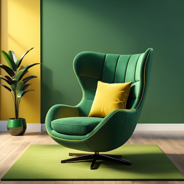 fauteuil vert avec oreiller jaune dans un intérieur moderne