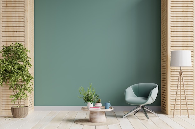 Fauteuil vert et une table en bois à l'intérieur du salon avec plante, mur vert foncé. rendu 3d