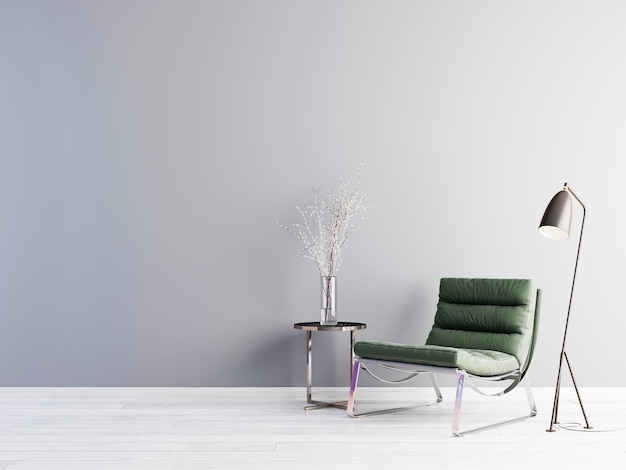 Fauteuil vert et table en métal sur un mur vide dans un rendu 3D intérieur de salon simple