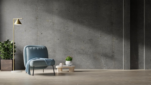 Fauteuils bleus debout sur du parquet dans une salle vide de mur en béton