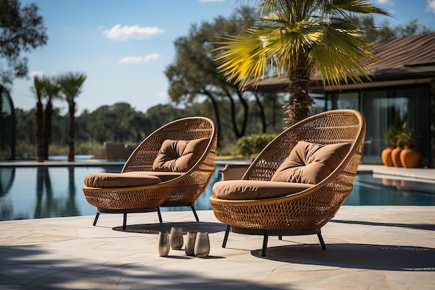 Des fauteuils de relaxation en osier au bord de la piscine dans une photo de stock élégante