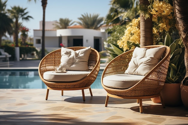 Des fauteuils de relaxation en osier au bord de la piscine dans une photo de stock élégante