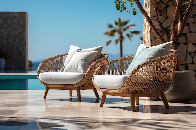 Des fauteuils de relaxation en osier au bord de la piscine dans une photo de stock élégante