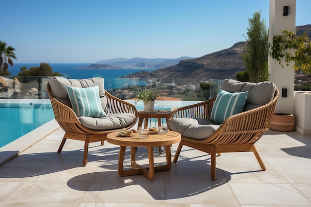 Des fauteuils de relaxation en osier au bord de la piscine dans une photo de stock élégante