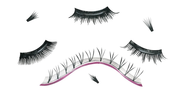 Faux cils à coller et extensions noirs dans un paquet et faisceaux sur une bande Illustration aquarelle dessinée à la main Ensemble d'objets isolés sur fond blanc Pour les salons de beauté