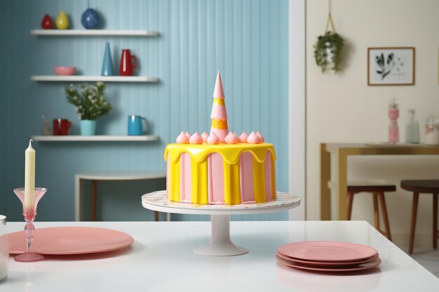 Un faux gâteau brillant sur un stand se tient sur une table blanche