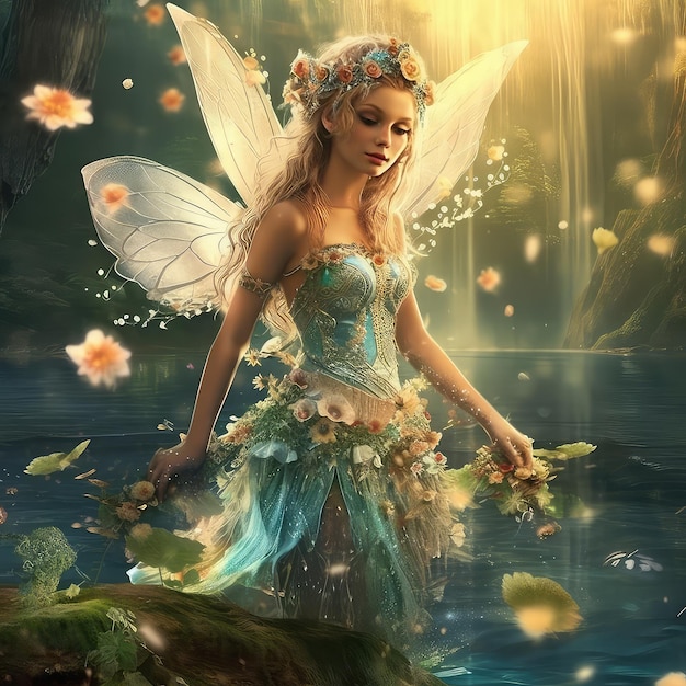 Une fée avec des ailes et des fleurs dans l'eau