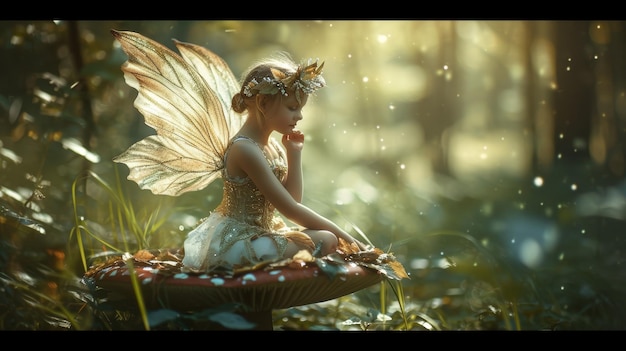Photo fée assise sur un champignon dans les bois sprite enchanteur dans un cadre forestier serein