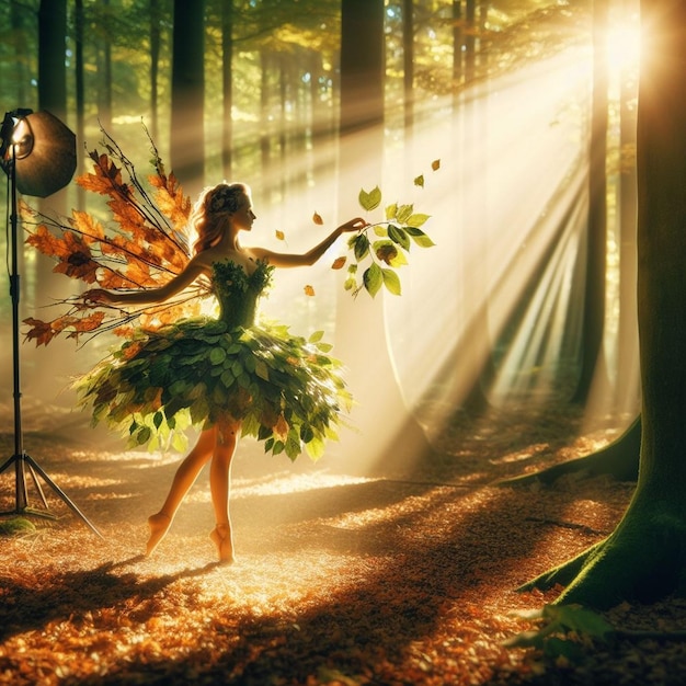 Fée dansant dans une forêt ensoleillée fée feuilles robe fée portant feuilles robe