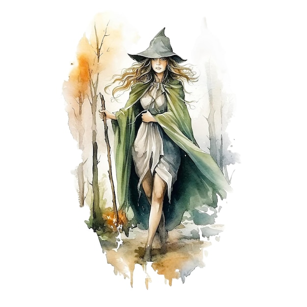 Fée de la forêt une sorcière en costume vert qui se promène dans la forêt Illustration