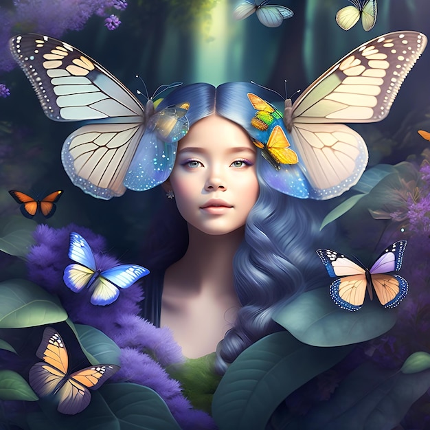 Fée rêveuse dans une forêt enchantée magique fantastique avec des papillons Illustration numérique