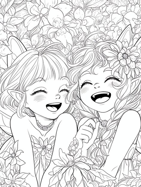 les fées rient près des fleurs conte de fées magique page de livre à colorier en noir et blanc pour