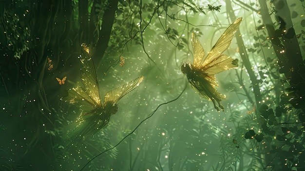 Des fées volant à travers la forêt.