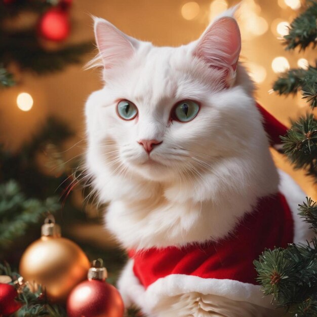 Un félin blanc vêtu d'un costume de Père Noël est perché au sommet d'un sapin de Noël