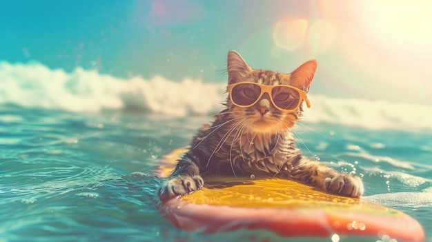 Feline Fun at Sea Un chat adorable avec des lunettes de soleil élégantes reste à flot sur une planche de surf lumineuse en train de profiter d'une journée ensoleillée au milieu des douces vagues de la mer
