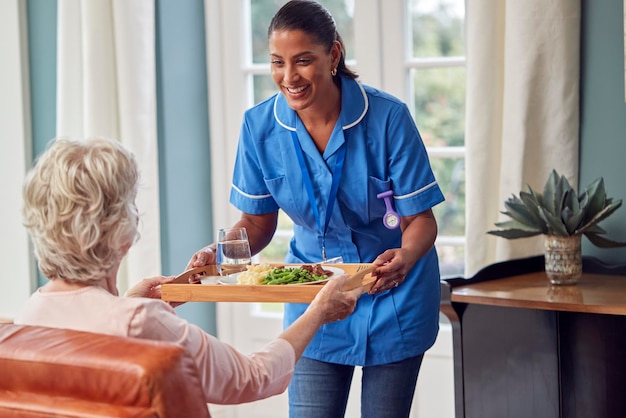 Female Care Worker en uniforme apportant le repas sur le plateau à Senior Woman Sitting in Lounge At Home