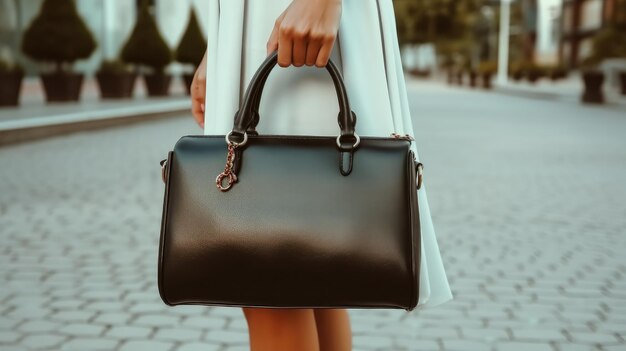 Photo female hand holds a square leather bag in street
