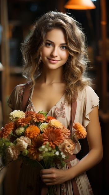 une femelle avec un bouquet de fleurs