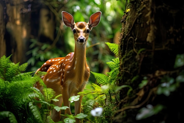 Une femelle de cerf se tient dans un champ et regarde la caméra.