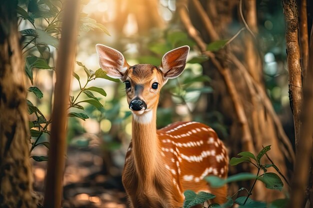 Une femelle de cerf se tient dans un champ et regarde la caméra.