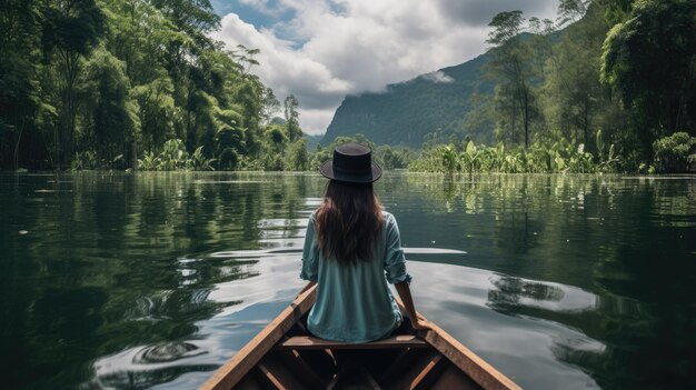 Une femelle profite de la beauté naturelle de la rivière sur un petit bateau avec une atmosphère fraîche et calme