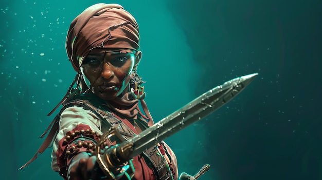 Photo une féminine pirate féroce avec une épée est prête à se battre elle porte un foulard déchiré et a un regard déterminé dans ses yeux
