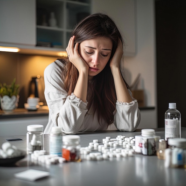 Une femme de 30 ans en détresse, luttant contre de graves maux de tête, envisageant en larmes un médicament qui exprime les migraines.