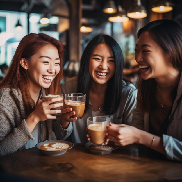 femme avec 4 5 amis souriant assis et buvant du café Illustration IA générative