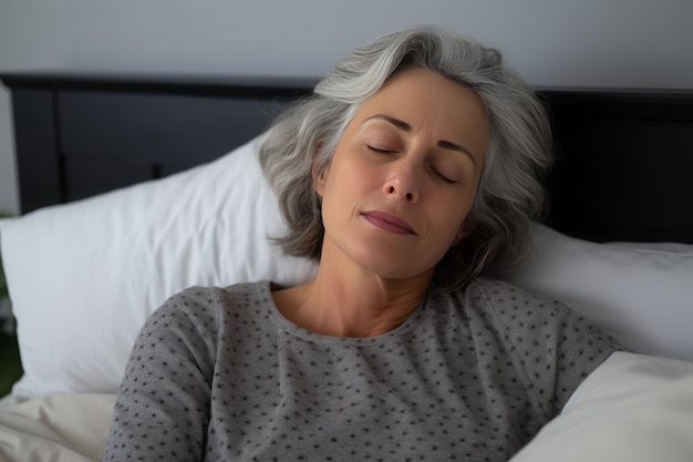 Femme de 50 ans à la maison au lit souffrant du syndrome de fatigue chronique Belle femme mature dormant au lit à la maison Portrait d'une belle femme mature allongée au lit