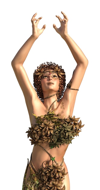 Femme abstraite de dryade fantastique avec des feuilles d'automne et des cheveux bouclés, Illustration 3D.