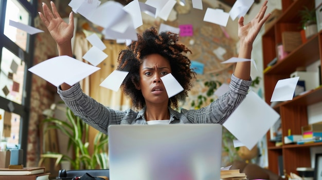 Une femme accablée de papiers qui volent dans un environnement de bureau dynamique et chaotique.