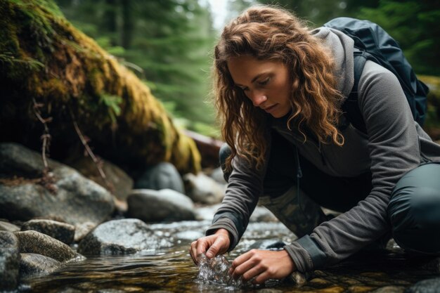 Photo une femme accroupie pour recueillir de l'eau d'un ruisseau convient pour les thèmes environnementaux et extérieurs