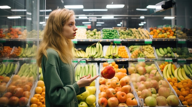 femme achetant des fruits au supermarché épicerie