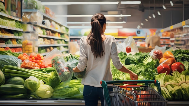 une femme achetant des légumes avec un chariot dans le supermarché