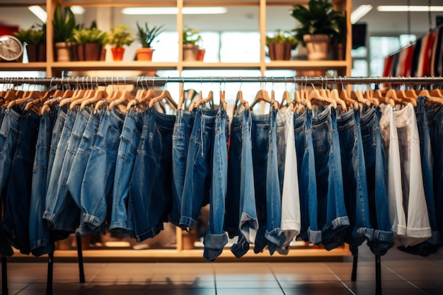 Femme achetant des pantalons denim dans un magasin de vêtements Femme choisissant des vêtements Jeans sur un cintre suspendu à un rack