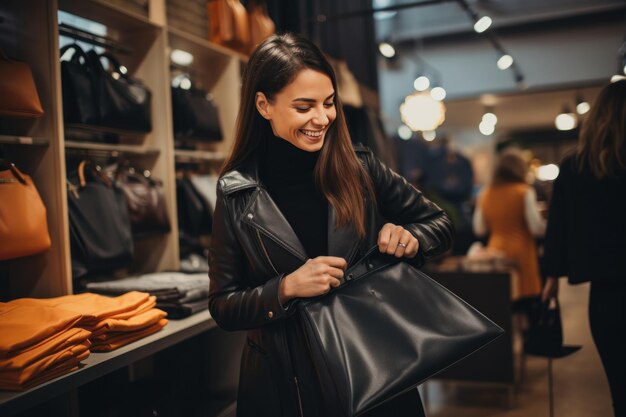 Femme achetant un sac noir