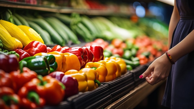 Une femme achète des fruits et légumes dans l'allée du supermarché, reflétant l'inflation des prix des aliments