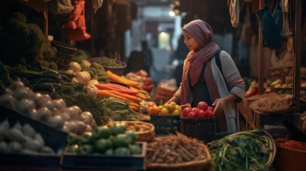 Une femme achète des légumes au marché.