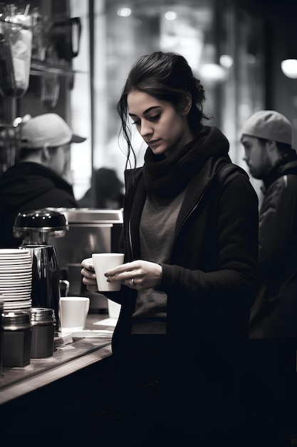 Une femme achète une photo de café.