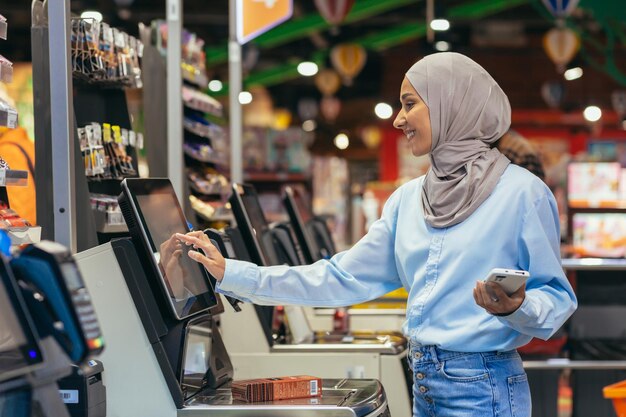 Une femme acheteuse dans un supermarché en hijab paie des marchandises à une caisse de libre-service un service pratique pour les clients