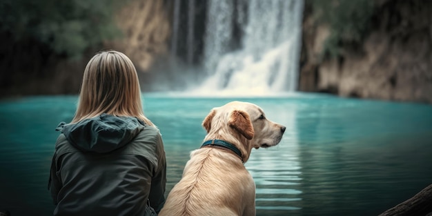 Femme active en randonnée vers la cascade avec un chien labrador retriever